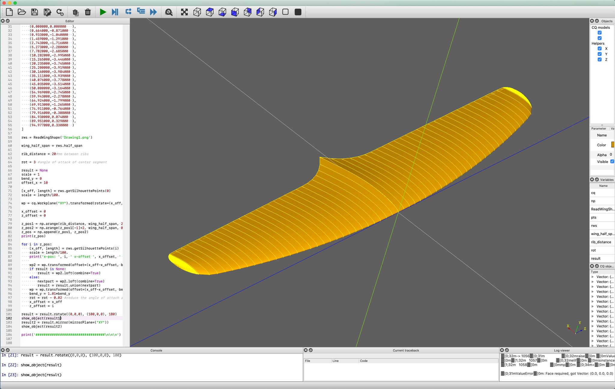 Hydrofoil front wing designed with CadQuery in python